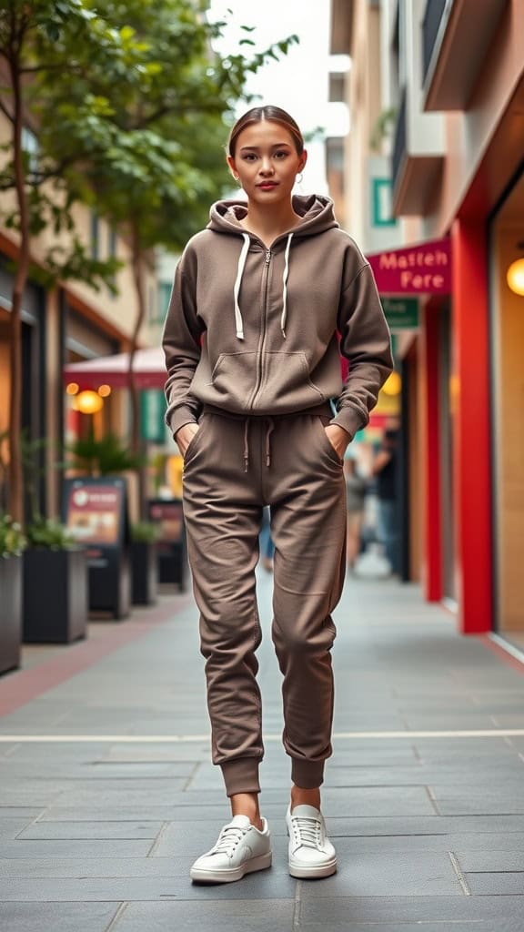 A woman in a light gray zip-up hoodie and matching joggers, wearing slip-on sneakers, standing outdoors with a relaxed expression.