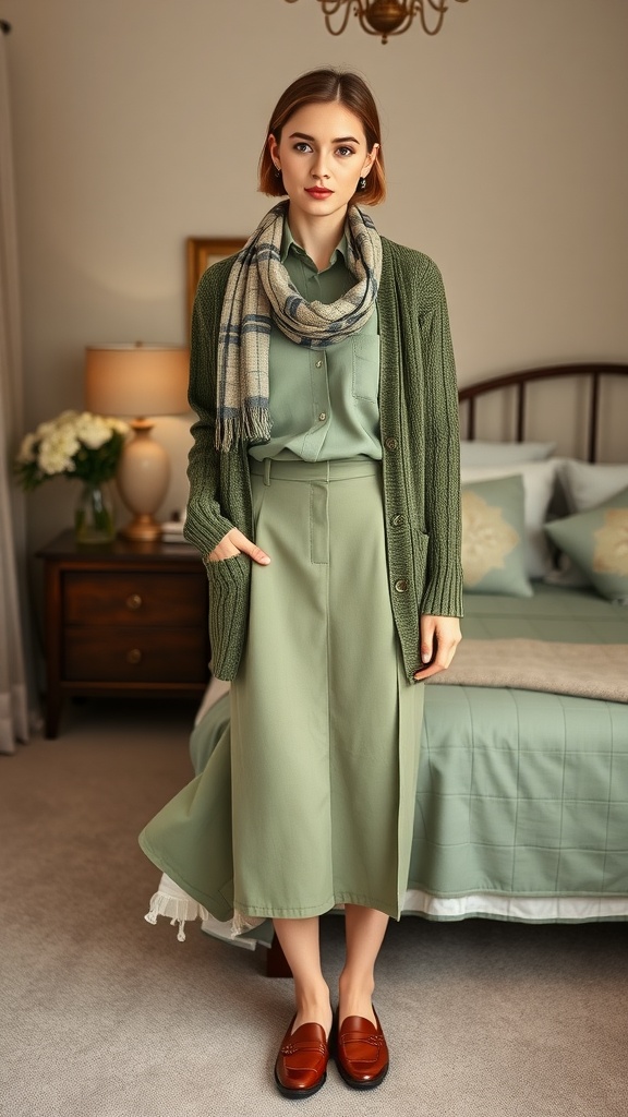 A woman wearing a sage green layered outfit with a cardigan, shirt, and midi skirt, paired with loafers and a scarf.