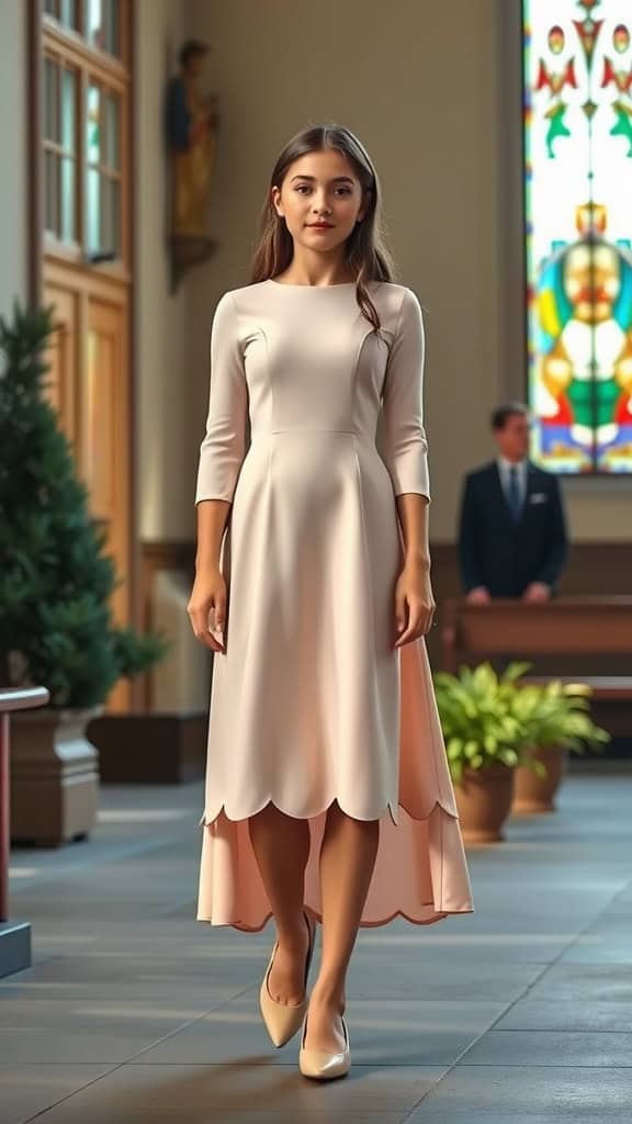 A young girl wearing a scalloped hem dress and ballet flats in a church setting.