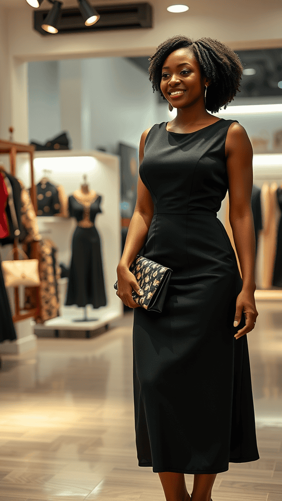 A model wearing a black sequin accent midi dress in a boutique, showcasing a stylish church outfit.