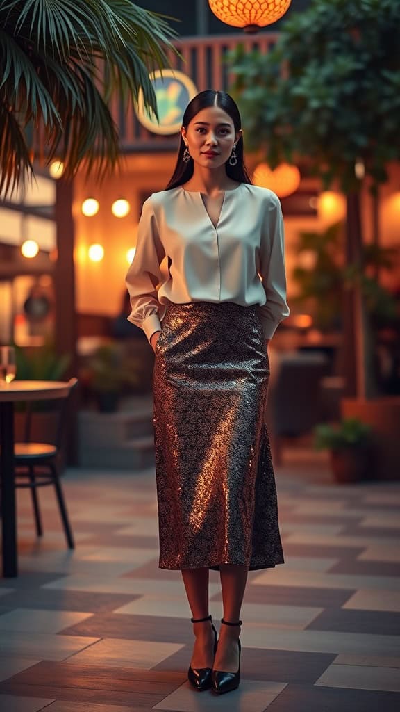 A woman wearing a sequin midi skirt paired with a high-neck blouse and block heels, standing in a warm, inviting setting.