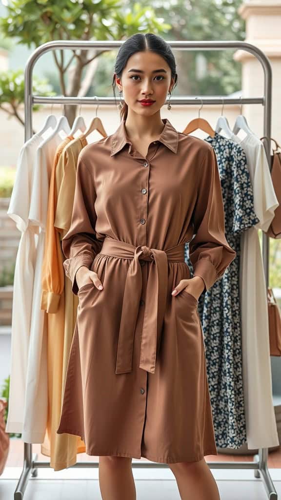 A woman wearing a brown shirt dress with a skinny belt, styled with elegant accessories, standing in front of a clothing rack.