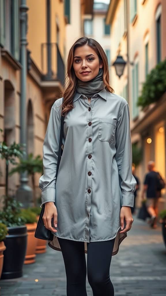 A woman wearing a grey shirt dress with lightweight leggings, standing in a European street.