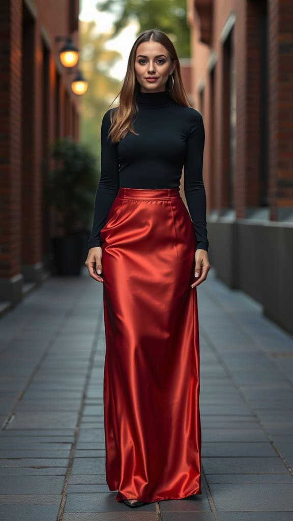 A model wearing a silk maxi skirt and a turtleneck top, showcasing a modern elegant outfit.