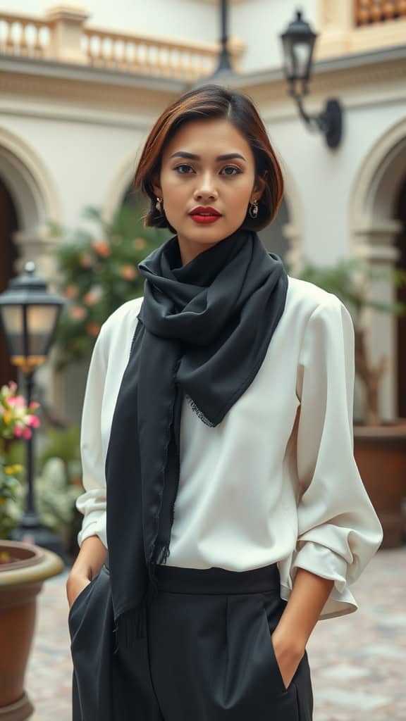 A woman wearing a black silk scarf over a white blouse and black pants, showcasing modest elegance.