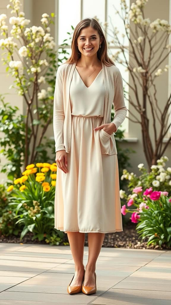 A woman wearing a knee-length dress with a cardigan and slingback heels, standing in a flower-filled indoor space.