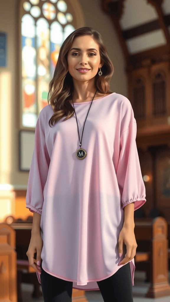 A mannequin displaying a loose-fitting beige tunic paired with black leggings and ankle boots.