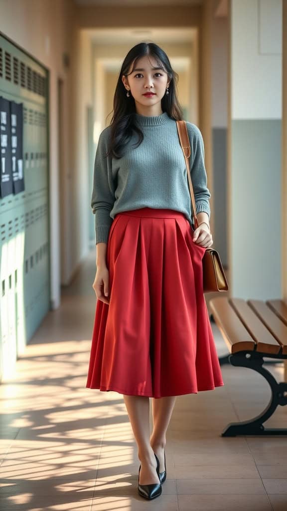 A young woman in a red A-line skirt and green knit top walking in a school hallway.