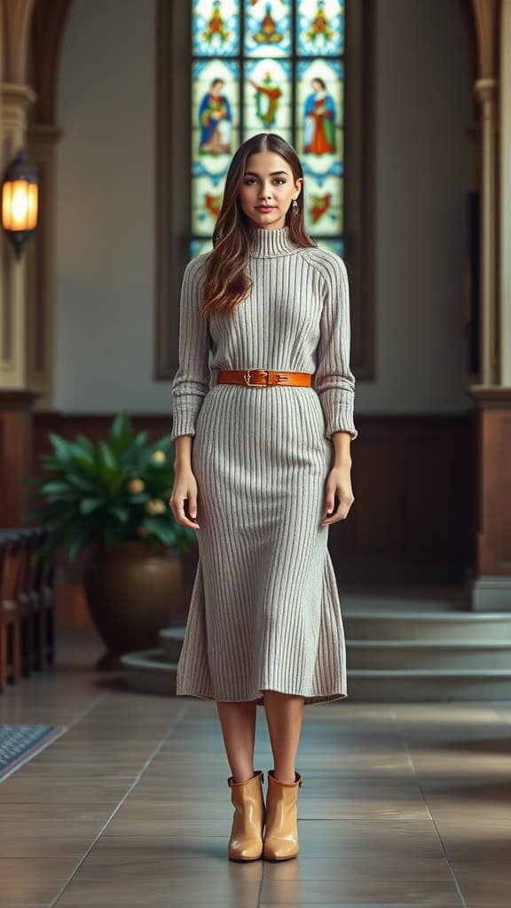 A woman wearing a cozy knit midi dress with a slim belt and ankle boots, standing in a church setting.