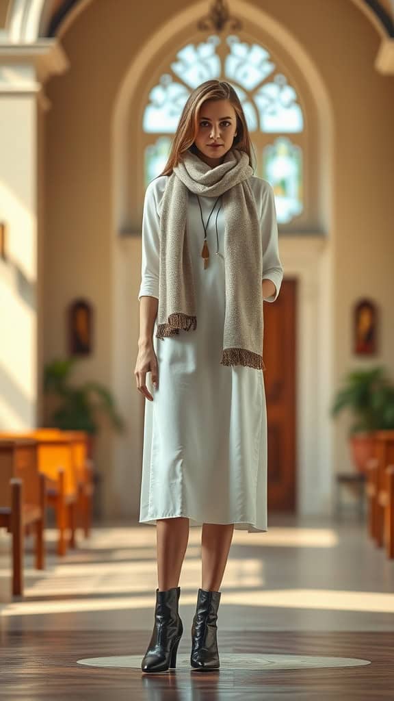 A woman wearing a simple white shift dress and a beige scarf in a church setting.