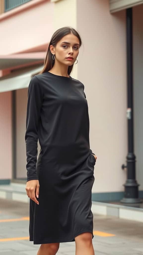 Model wearing a simple shift dress with a long-sleeved top beneath, styled for a modern modest look.