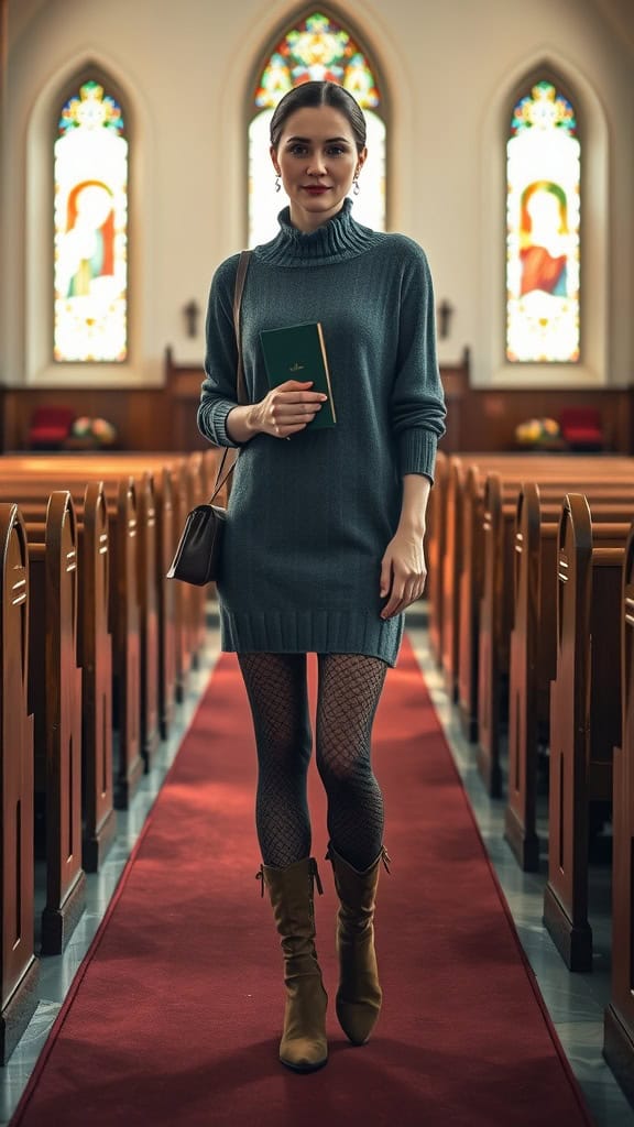 A woman in a teal sweater dress with tights and ankle boots stands inside a church.