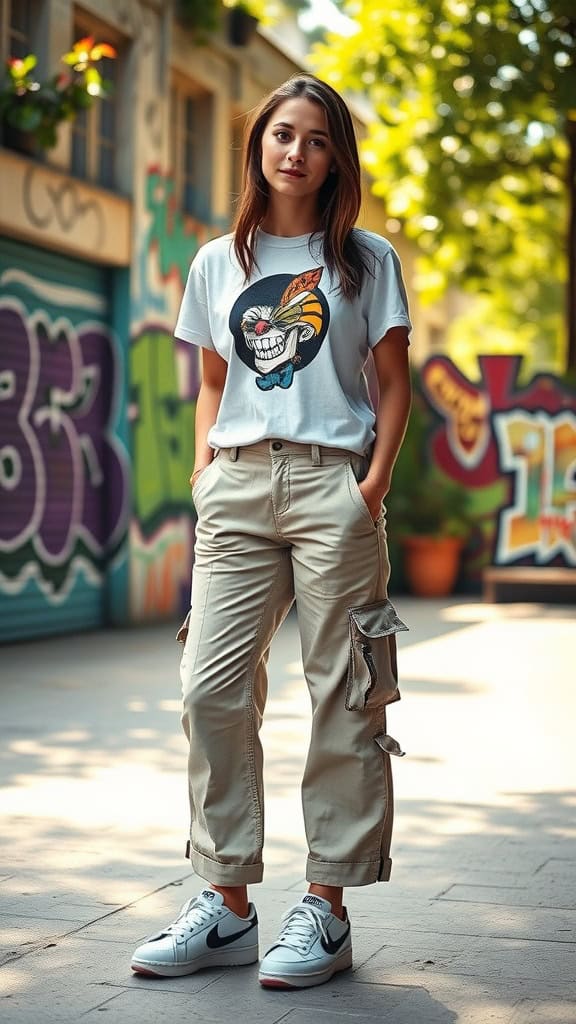 A young woman wearing a graphic tee, wide-leg cargo pants, and skate shoes, standing against a colorful graffiti backdrop.