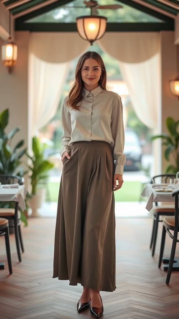 A woman wearing a tucked blouse and an A-line midi skirt, styled with pointed flats in a restaurant setting.