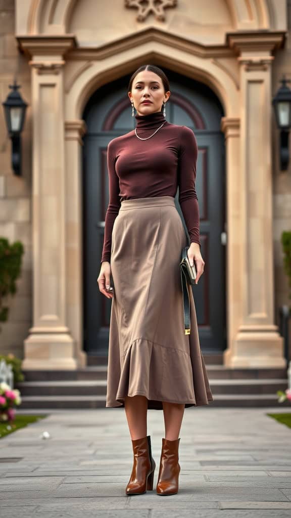 A woman wearing a burgundy turtleneck, brown midi skirt, and leather boots, standing outside a stylish building.