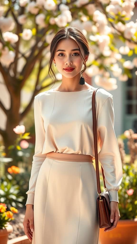 A woman in a sleeveless dress layered over a long-sleeve top, set against a backdrop of blooming flowers.