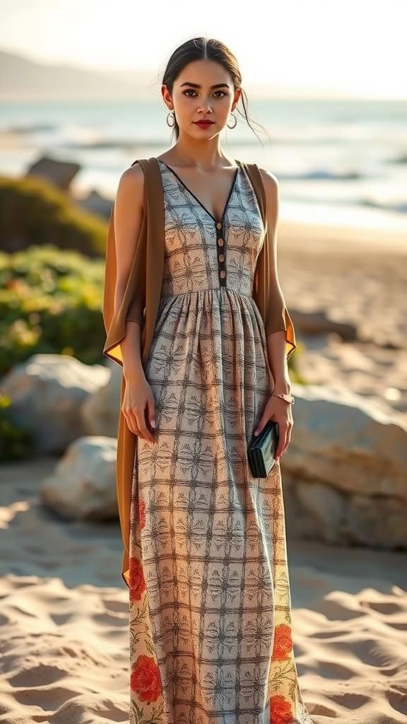 A woman in a sleeveless maxi dress with a shrug standing on the beach.