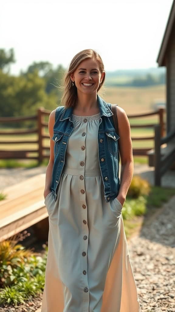 A woman smiling while wearing a sleeveless midi dress layered with a buttoned denim jacket.