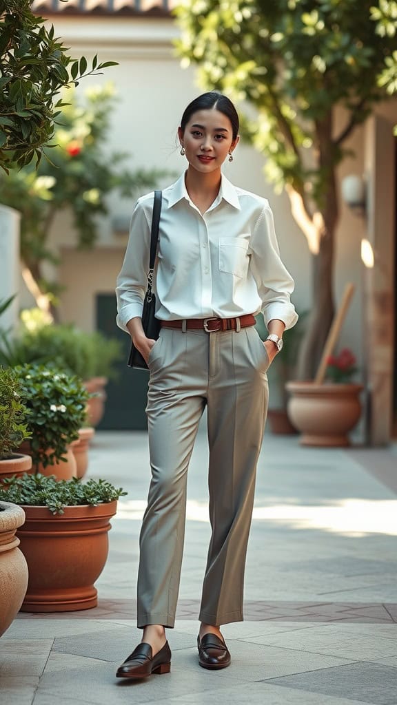 A woman wearing a white button-up shirt, gray straight pants, and loafers, standing in a garden-like setting with potted plants.