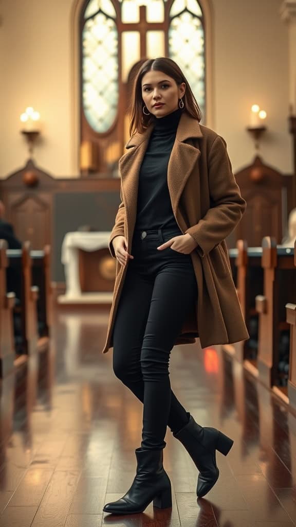 A woman in a smart casual outfit at a church, wearing black jeans and a fitted turtleneck, complemented by a chic coat.