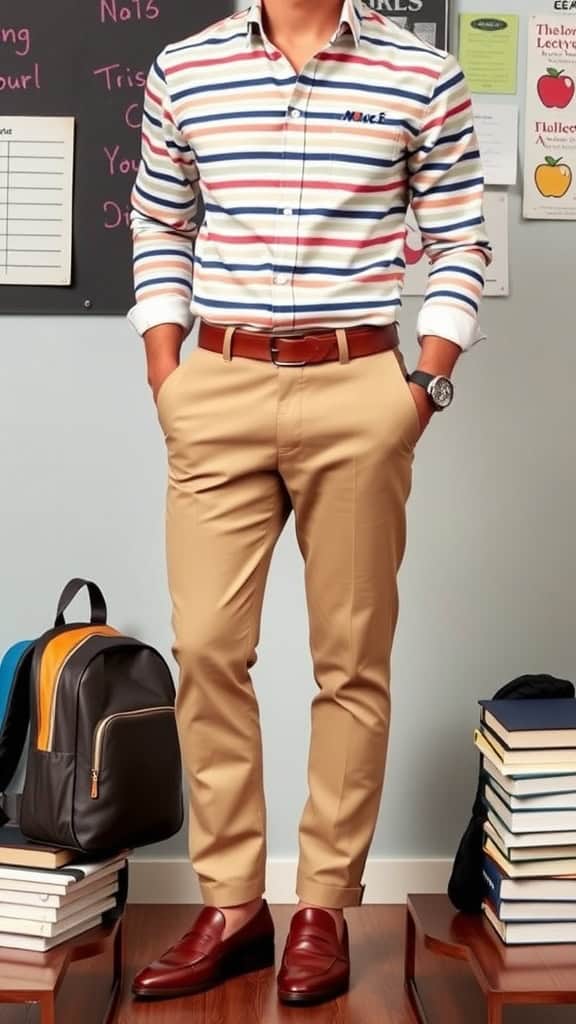 A student wearing khaki pants, a striped shirt, and loafers, walking with a backpack and books.