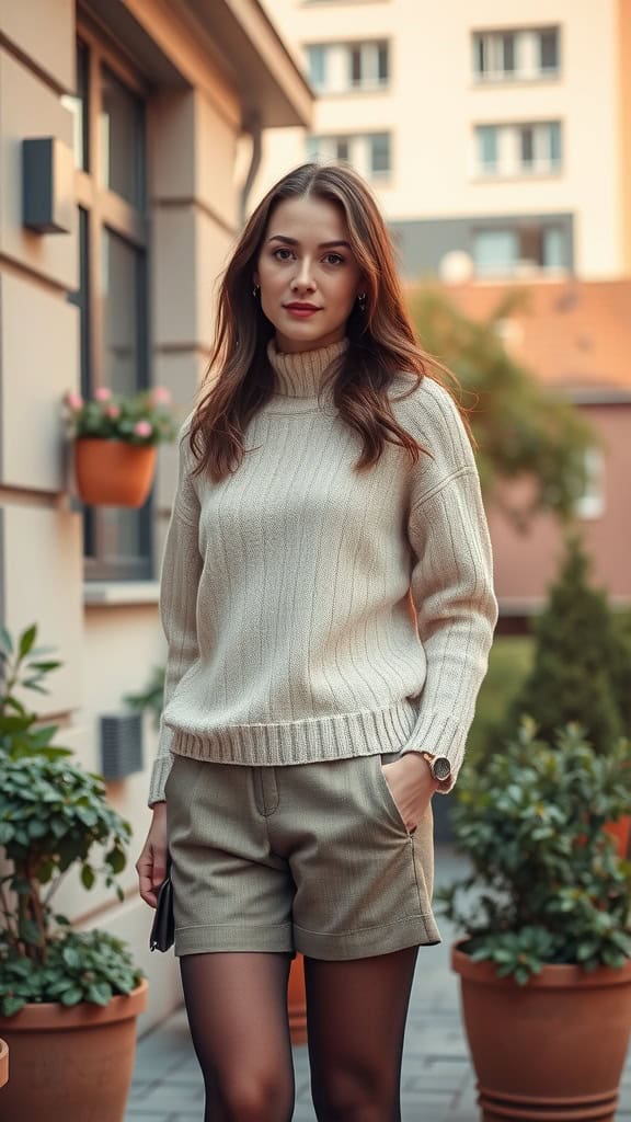 A woman wearing a cream knit sweater and tailored shorts, styled in a smart casual outfit.