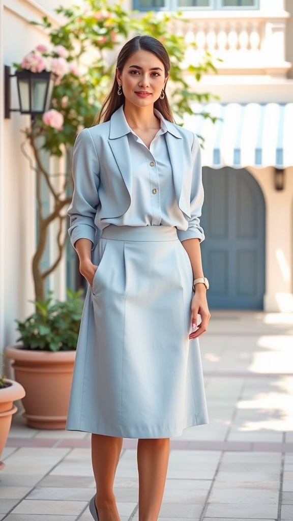 A woman wearing a soft blue preppy modest outfit with a tailored skirt and classic blouse.