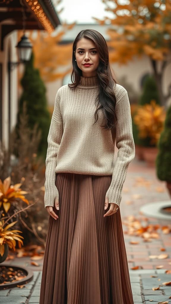 A woman wearing a soft beige knit sweater and a long pleated brown skirt, standing outdoors with autumn foliage.