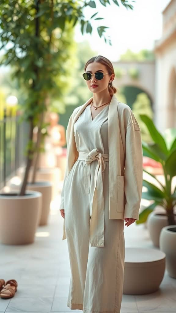 A model in a soft linen jumpsuit and lightweight jacket, stylishly posing outdoors.