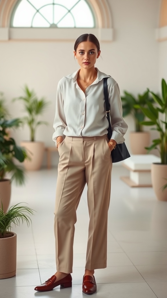 A woman stands confidently in a soft neutral outfit featuring a high-neck blouse and tailored beige pants, complemented by brown loafers in a well-lit indoor space with plants.