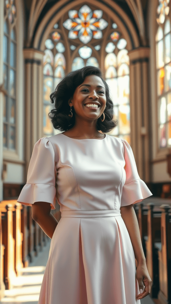 A light pastel dress with a structured silhouette displayed in a church setting, showcasing its elegant design.