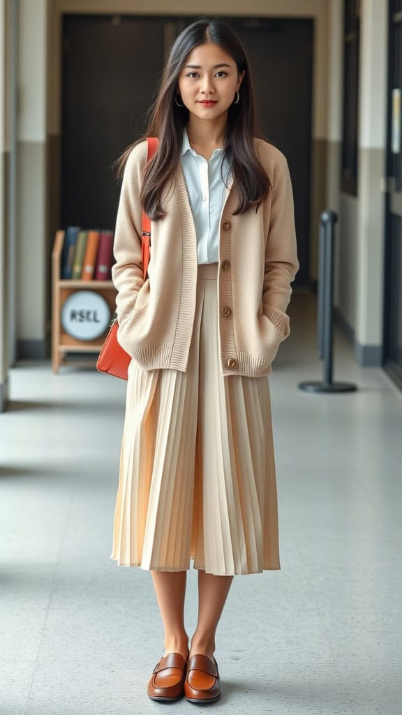 A young woman sitting on a bench wearing a pastel cardigan, pleated skirt, and loafers with a backpack beside her.