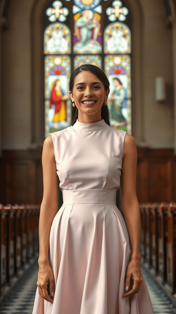 A sophisticated high-neck church dress on a mannequin, featuring a flowing beige skirt and black accents, set against stained glass windows in a church.