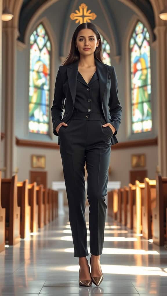 A mannequin dressed in a sophisticated tailored jumpsuit with a blazer and pumps, set in a church interior with stained glass windows.