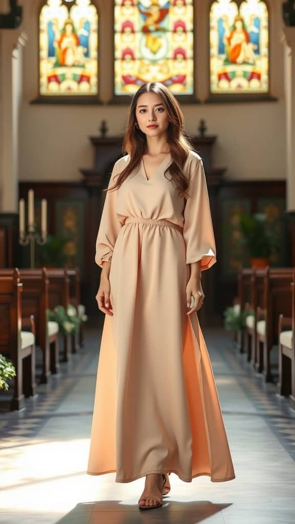 A woman in a long-sleeve peach maxi dress standing in a church with stained glass windows.