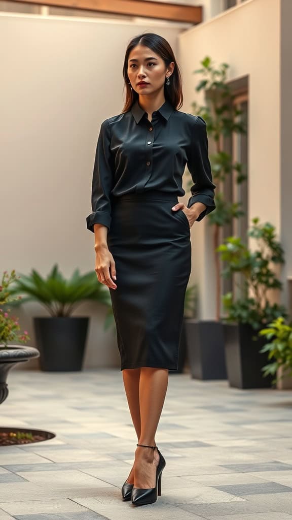 A sophisticated woman in a black pencil skirt and button-up blouse, paired with kitten heels, standing elegantly in a modern setting.