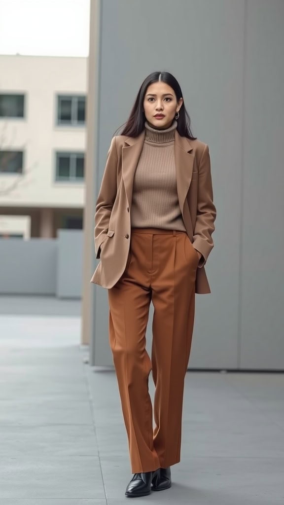 A woman wearing a brown turtleneck sweater under a beige blazer, paired with beige trousers, standing outside.