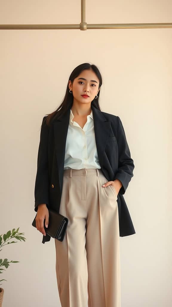 A woman in a black blazer and beige trousers, posing elegantly with a clutch.