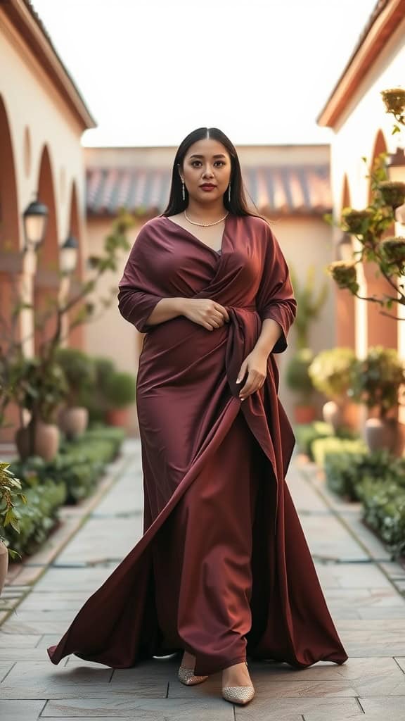 A woman wearing a burgundy long gown with a wrap design, walking in a garden pathway.