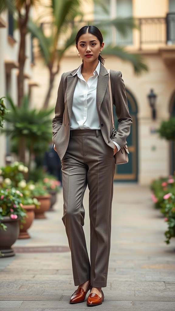 A model in a sophisticated preppy outfit with tailored trousers, a white blouse, and a blazer, standing in a stylish outdoor setting.