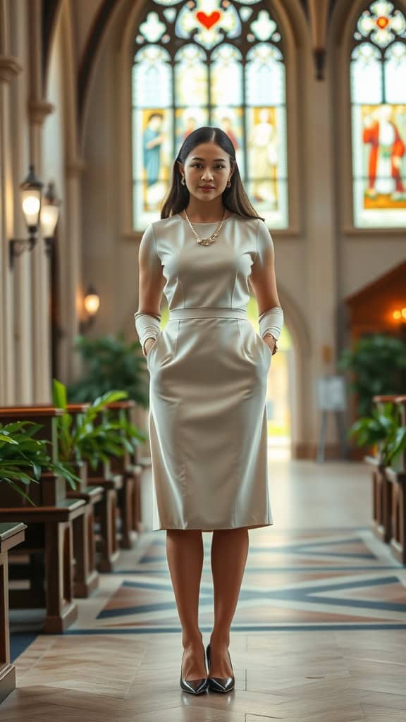 A woman in a fitted satin sheath dress standing in a church with stained glass windows in the background.