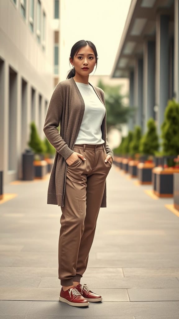 A woman wearing a long cardigan, tailored track pants, and slip-on shoes, standing in an urban setting.