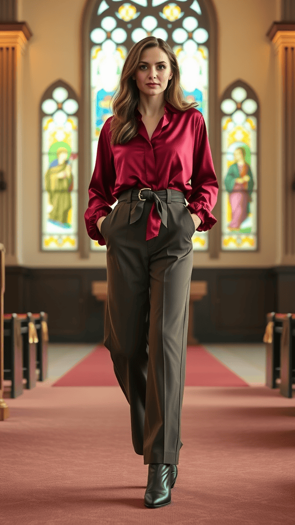 A woman in a silk blouse and wide-leg pants standing in a church with stained glass windows.