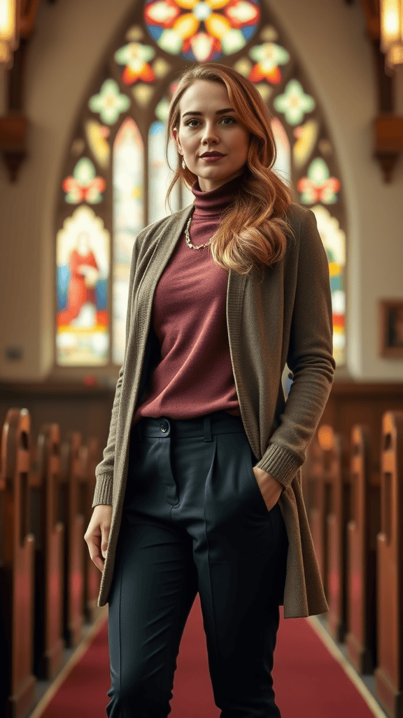 Model wearing wool pants and cardigan in a church setting, showcasing a warm and sophisticated winter outfit.