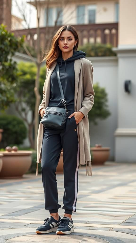 A woman wearing jogger pants, a hoodie, and a long coat, showcasing a sporty chic modest outfit.