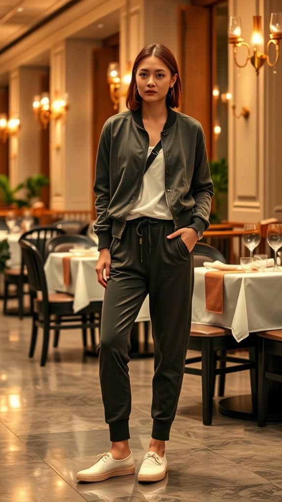 A woman in a sporty outfit featuring a zip-up jacket and joggers, complemented by slip-on shoes, standing in a stylish restaurant setting.