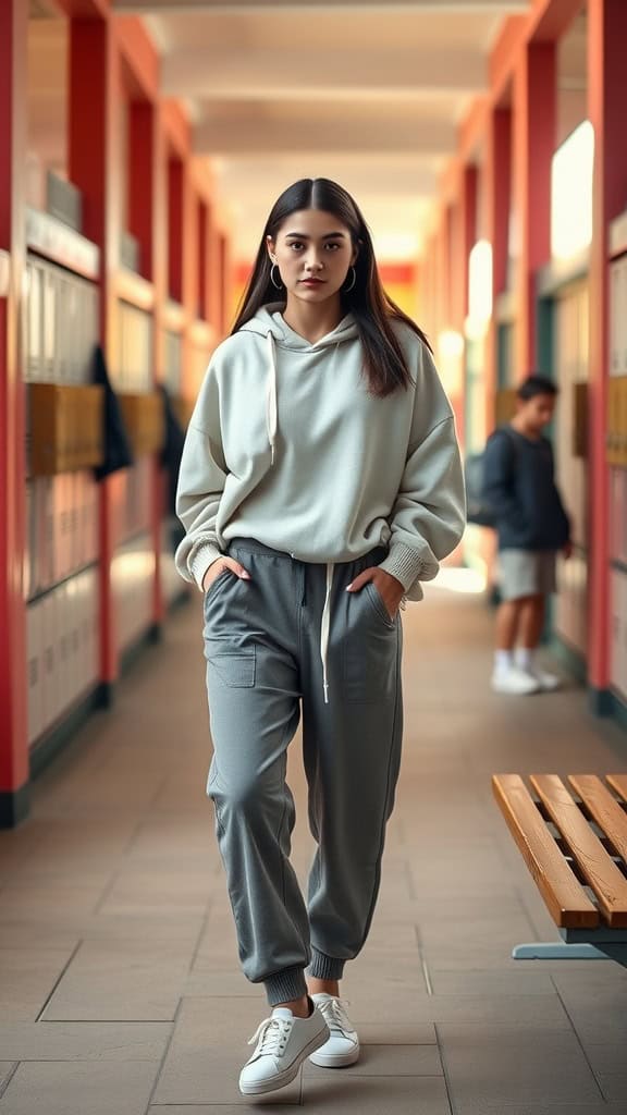 A student wearing joggers and an oversized hoodie in a school hallway, showcasing a sporty modest outfit.