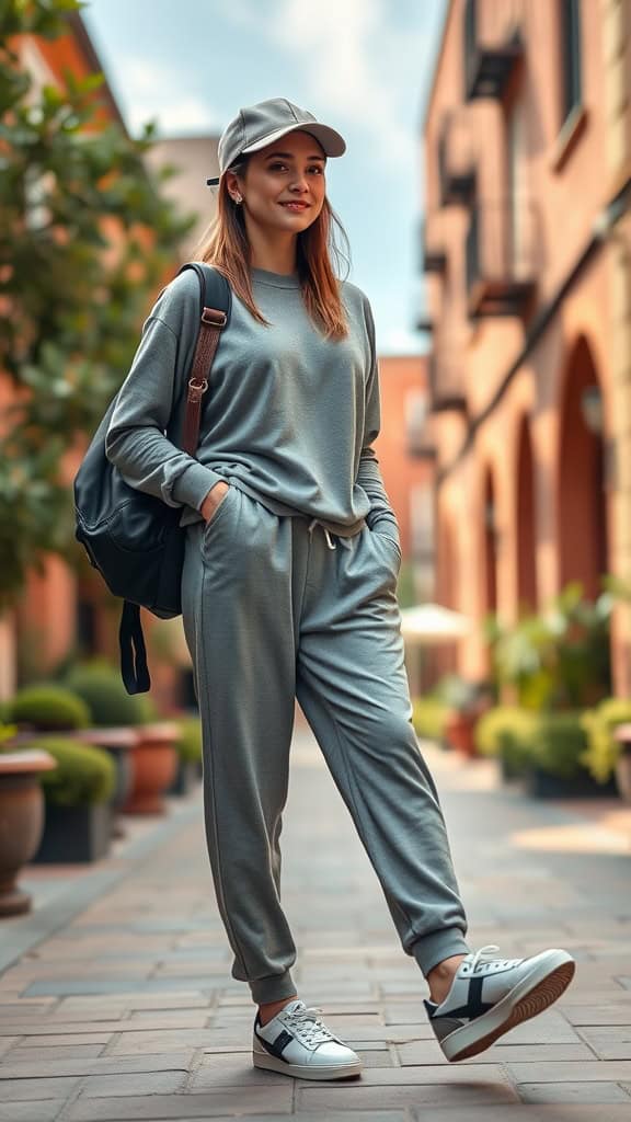 A woman in a grey jogger set with a crewneck sweatshirt and cap, standing casually in an urban setting.