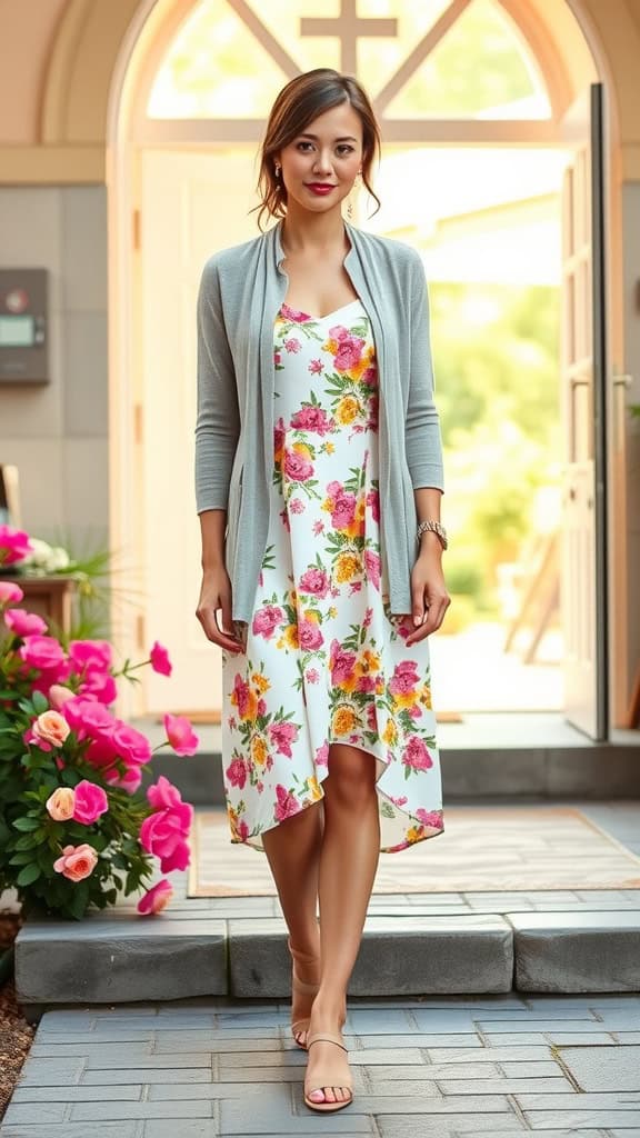 A woman wearing a floral sundress and a lightweight cardigan, standing outside a church