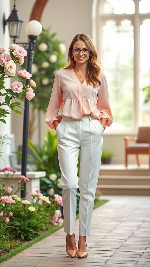 A woman in a pastel outfit featuring a flowy blouse and tailored trousers, standing in a garden setting.